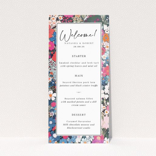"Soho Blossom wedding menu template - Vibrant floral design bursting with vivacious colours for a lively celebration.". This is a view of the front