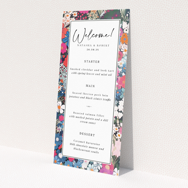 'Soho Blossom wedding menu template - Vibrant floral design bursting with vivacious colours for a lively celebration.'. This is a view of the front