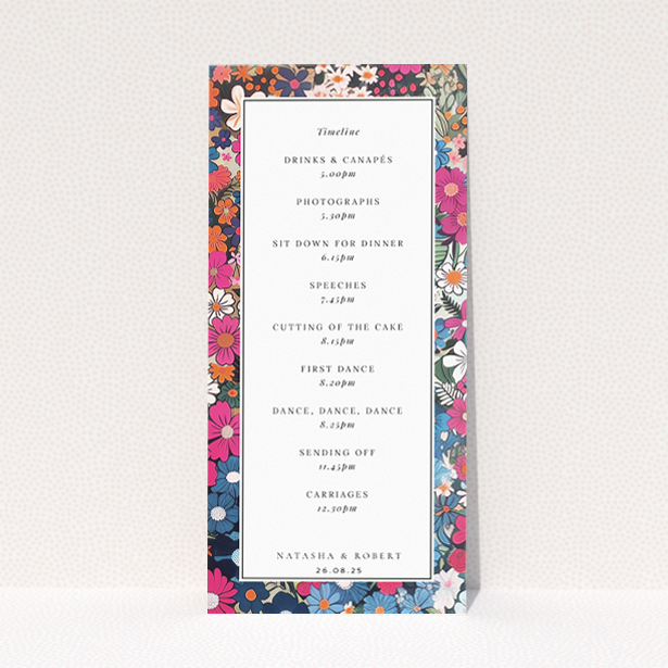 "Soho Blossom wedding menu template - Vibrant floral design bursting with vivacious colours for a lively celebration.". This is a view of the back