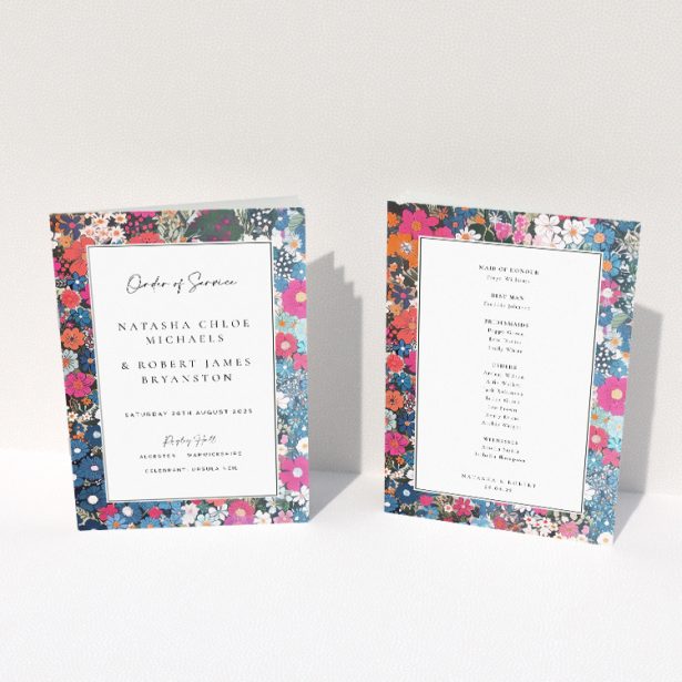 Vivacious Soho Blossom Wedding Order of Service Booklet with Colourful Floral Border. This image shows the front and back sides together
