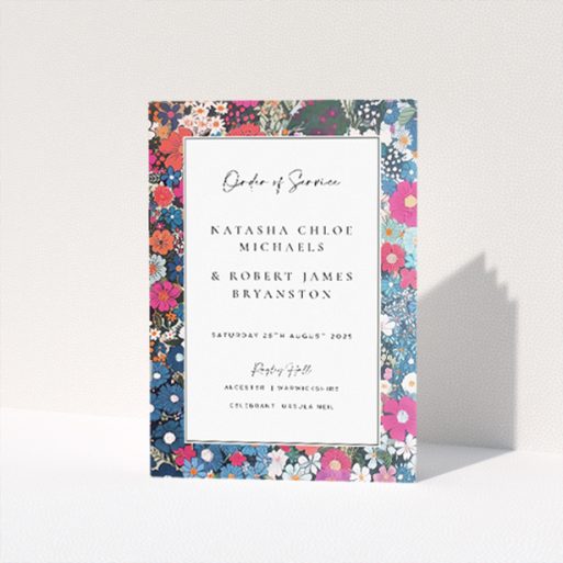 Vivacious Soho Blossom Wedding Order of Service Booklet with Colourful Floral Border. This is a view of the front