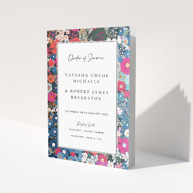 Vivacious Soho Blossom Wedding Order of Service Booklet with Colourful Floral Border. This is a view of the front