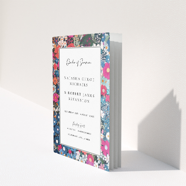 Vivacious Soho Blossom Wedding Order of Service Booklet with Colourful Floral Border. This image shows the front and back sides together