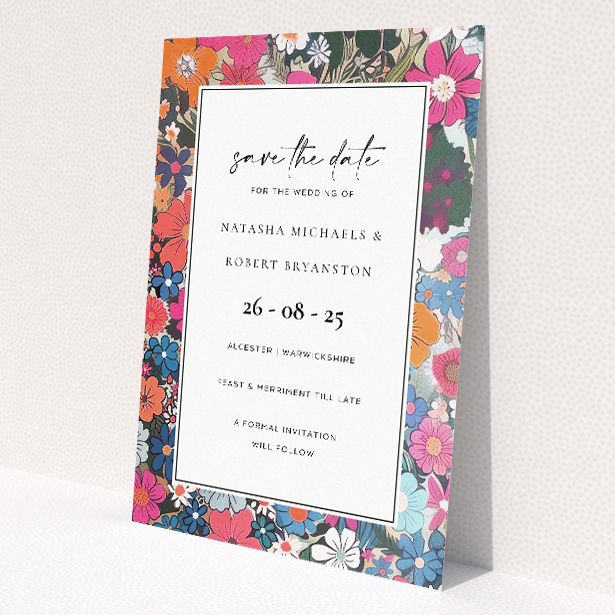 Soho Blossom Wedding Save the Date Card - Contemporary vibrant floral border in pink, blue, orange, and green framing a central white space. Portrait orientation for clean, uncluttered look This is a view of the back