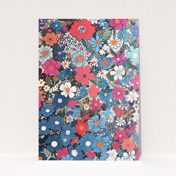 Soho Blossom Wedding Save the Date Card - Contemporary vibrant floral border in pink, blue, orange, and green framing a central white space. Portrait orientation for clean, uncluttered look This is a view of the back