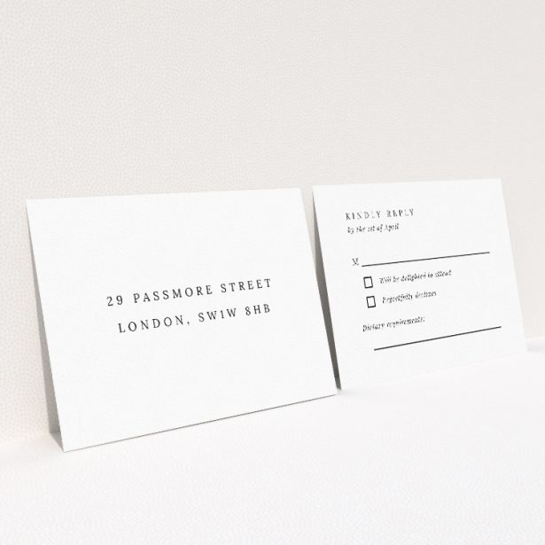 RSVP card with minimalist black and white design, featuring script typeface for formal festivity and clarity, offering modern yet timeless wedding stationery from the Soho Script suite This is a view of the back