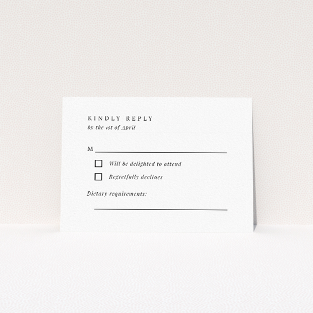 RSVP card with minimalist black and white design, featuring script typeface for formal festivity and clarity, offering modern yet timeless wedding stationery from the Soho Script suite This is a view of the front