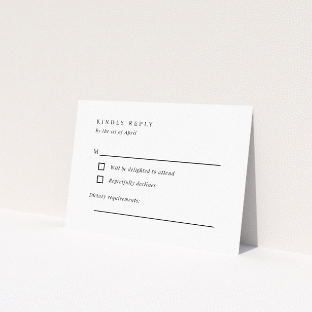 RSVP card with minimalist black and white design, featuring script typeface for formal festivity and clarity, offering modern yet timeless wedding stationery from the Soho Script suite This is a view of the front