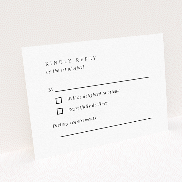 RSVP card with minimalist black and white design, featuring script typeface for formal festivity and clarity, offering modern yet timeless wedding stationery from the Soho Script suite This is a view of the back