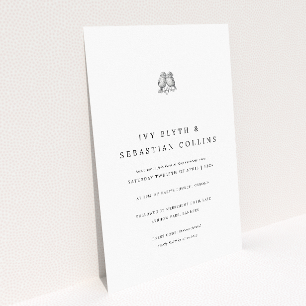 Soho Script wedding invitation with minimalist black and white design featuring elegant script typeface and illustrated birds symbolizing companionship and unity This image shows the front and back sides together