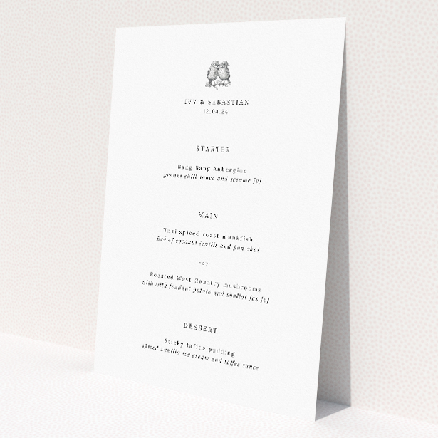 Soho Script wedding menu template with modernity and timeless sophistication, featuring a clean layout and minimalist black-and-white palette, refined script typeface, and whimsical illustrations, symbolizing companionship and unity, perfect for couples seeking a contemporary yet classic presentation for their special day, promising to intrigue and delight guests with its tasteful design This is a view of the front