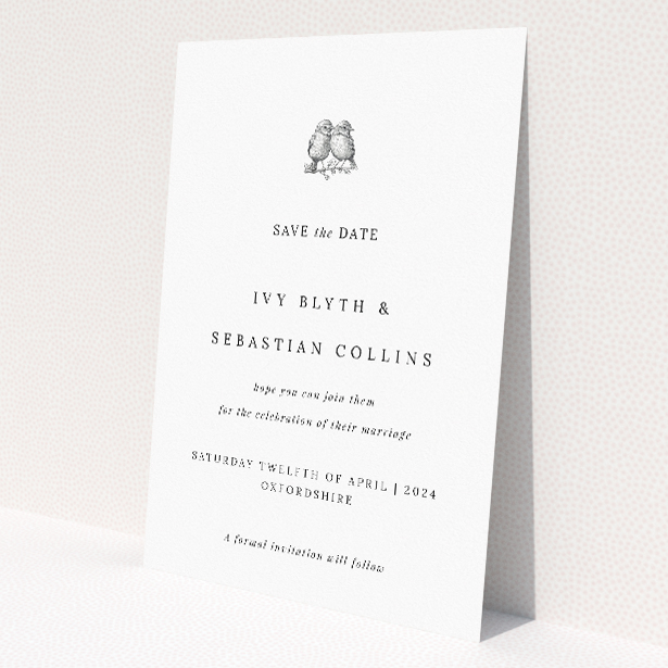 Soho Script wedding save the date design A6, charming and whimsical duo of sketched birds symbolising companionship, clean and minimalistic layout with classic black text on a pure white background, elegant visual hierarchy achieved with script-like font for the title and serene sans-serif for event details, heartfelt invitation promising an intimate and endearing celebration of love This is a view of the front