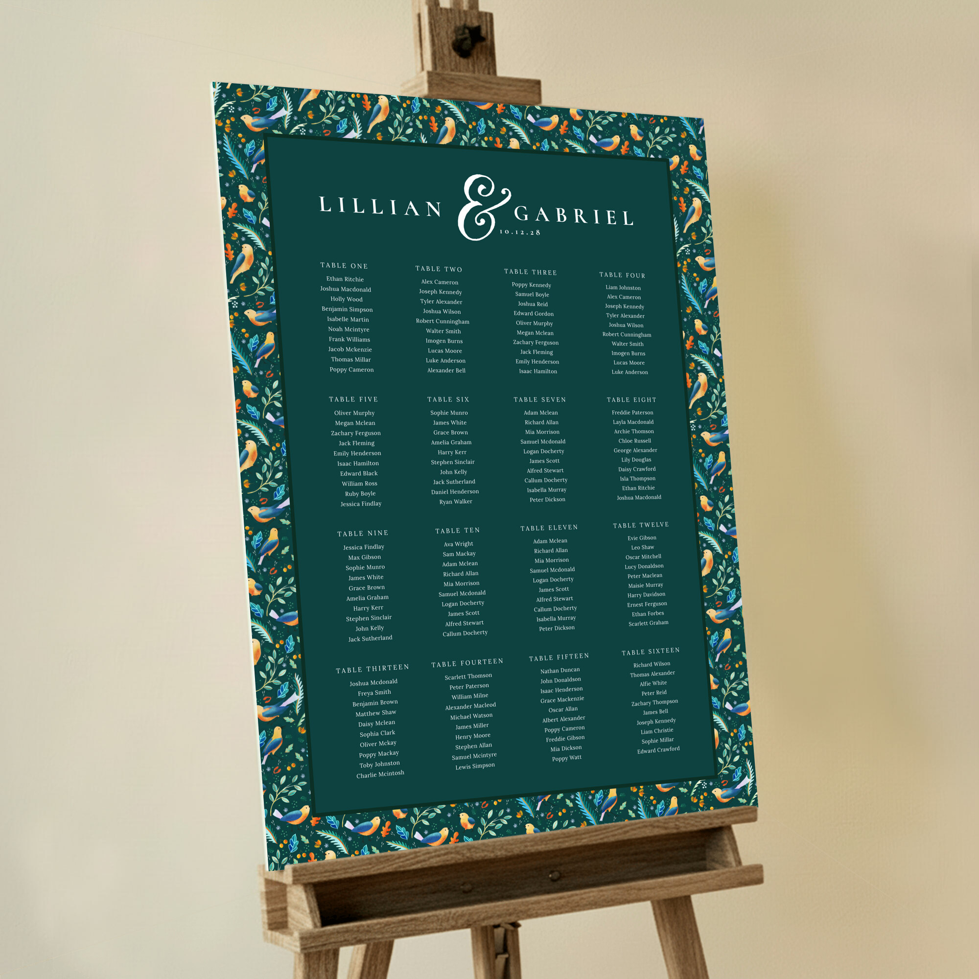 Bespoke Songbird Serenade Seating Charts featuring a charming design showcasing a pattern of orange and blue songbirds, surrounded by swirling green and blue leaves on a dark green background, perfectly complementing an autumnal wedding and setting a whimsical tone for your celebration.. This one shows 16 tables.