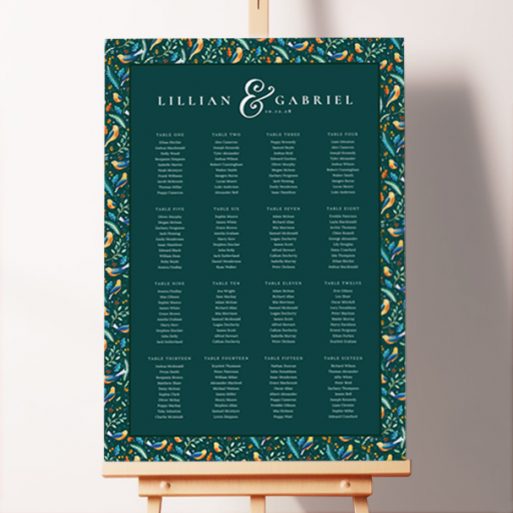 Bespoke Songbird Serenade Seating Charts featuring a charming design showcasing a pattern of orange and blue songbirds, surrounded by swirling green and blue leaves on a dark green background, perfectly complementing an autumnal wedding and setting a whimsical tone for your celebration.. This one shows 16 tables.