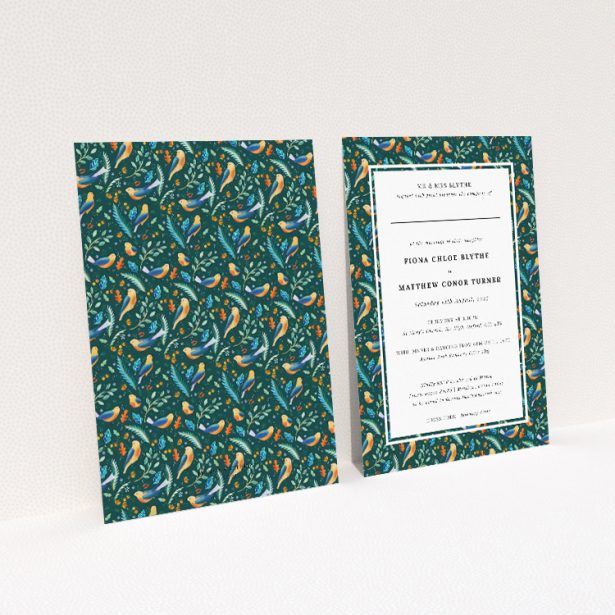 "Songbird Serenade" A5 nature-inspired wedding invitation with vibrant foliage and songbird pattern. This image shows the front and back sides together