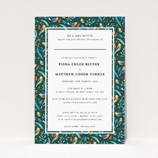 "Songbird Serenade" A5 nature-inspired wedding invitation with vibrant foliage and songbird pattern. This is a view of the front