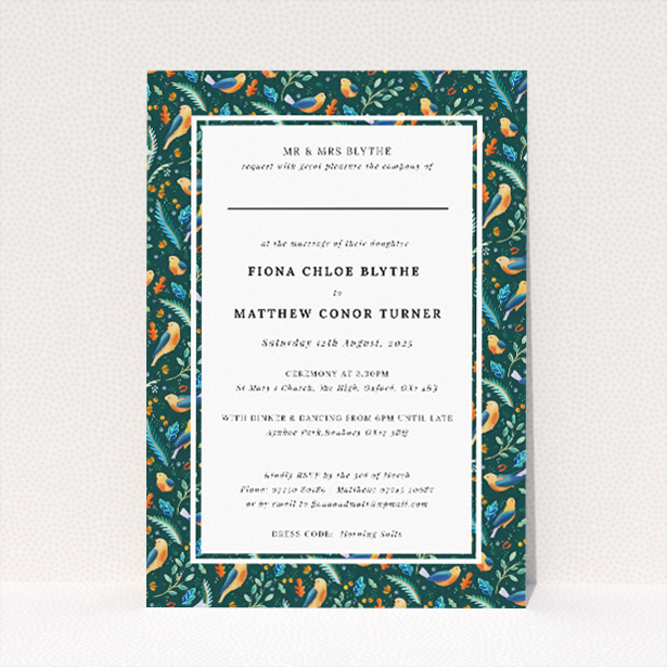 "Songbird Serenade" A5 nature-inspired wedding invitation with vibrant foliage and songbird pattern. This is a view of the front