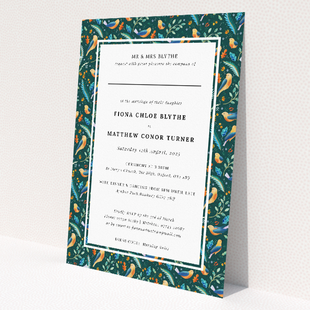 "Songbird Serenade" A5 nature-inspired wedding invitation with vibrant foliage and songbird pattern. This image shows the front and back sides together