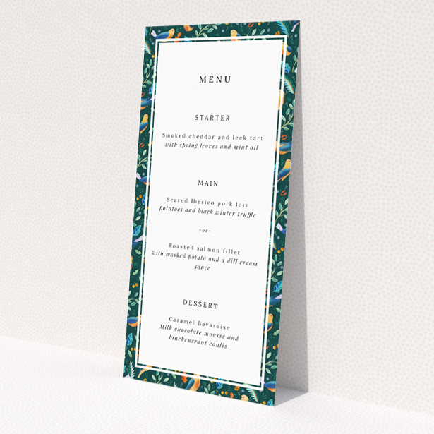 Songbird Serenade wedding menu template with vibrant foliage and songbirds, perfect for a nature-inspired celebration This is a view of the front