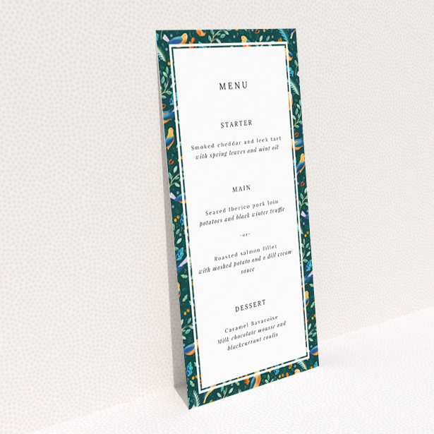 Songbird Serenade wedding menu template with vibrant foliage and songbirds, perfect for a nature-inspired celebration This is a view of the back