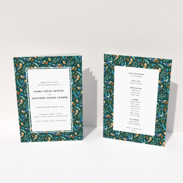 Songbird Serenade Wedding Order of Service A5 Booklet Template Design. This image shows the front and back sides together
