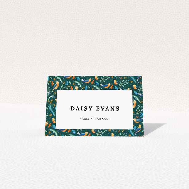 Wedding place card template featuring nature-inspired "Songbird Serenade" design. This is a view of the front