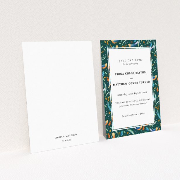 Songbird Serenade Wedding Save the Date Card - Lush green foliage and cheerful songbirds framing central information panel. Portrait orientation with crisp white background for clear readability This is a view of the back
