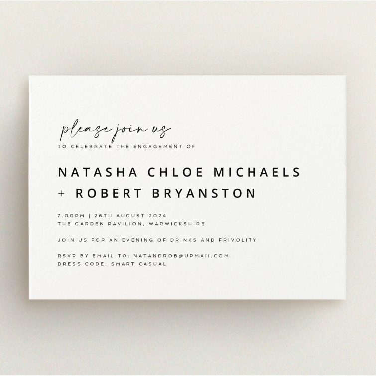 Elegant engagement party invitations design with one photo placeholder for personalised celebration.