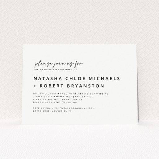 "Sophisticated Soirée" minimalist A5 wedding invitation with elegant grey typeface on white background. This is a view of the front