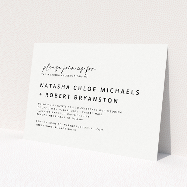 'Sophisticated Soirée' minimalist A5 wedding invitation with elegant grey typeface on white background. This is a view of the front