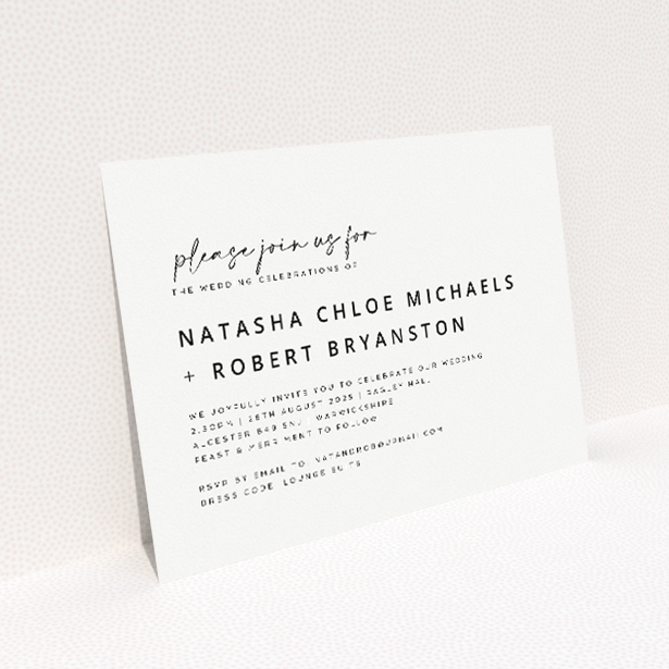 "Sophisticated Soirée" minimalist A5 wedding invitation with elegant grey typeface on white background. This image shows the front and back sides together