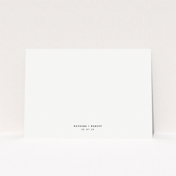 "Sophisticated Soirée" minimalist A5 wedding invitation with elegant grey typeface on white background. This image shows the front and back sides together