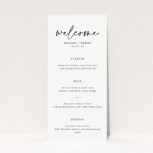 Sophisticated Soirée wedding menu template with clean lines, minimalist design, and graceful typography, perfect for couples seeking sophisticated simplicity in their wedding stationery This is a view of the front
