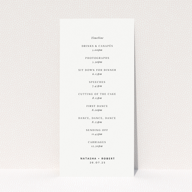 Sophisticated Soirée wedding menu template with clean lines, minimalist design, and graceful typography, perfect for couples seeking sophisticated simplicity in their wedding stationery This is a view of the back