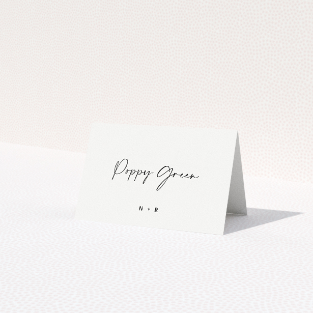 Wedding place card template featuring sophisticated soirée design. This is a third view of the front