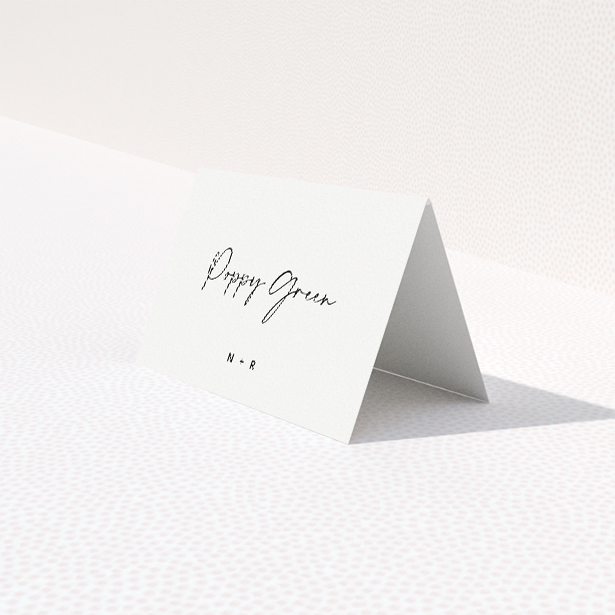 Wedding place card template featuring sophisticated soirée design. This is a third view of the front