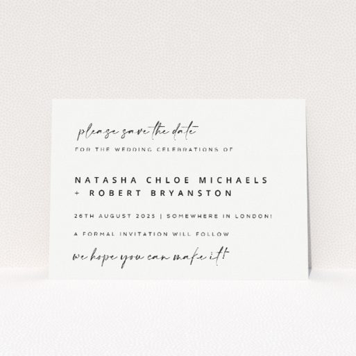 "Sophisticated Soirée wedding save the date card featuring classic grayscale design with casual script and clean sans-serif fonts, perfect for modern couples seeking understated elegance.". This is a view of the front