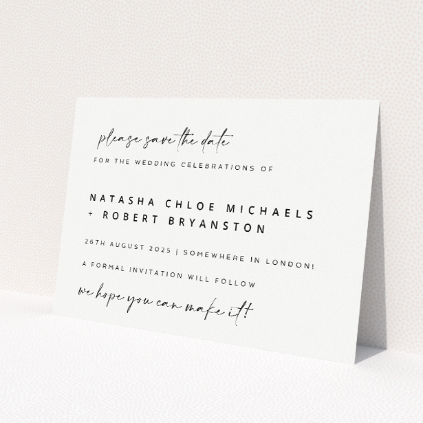 "Sophisticated Soirée wedding save the date card featuring classic grayscale design with casual script and clean sans-serif fonts, perfect for modern couples seeking understated elegance.". This is a view of the back