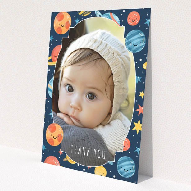 Baby thank you card with space-themed background and one photo of a baby