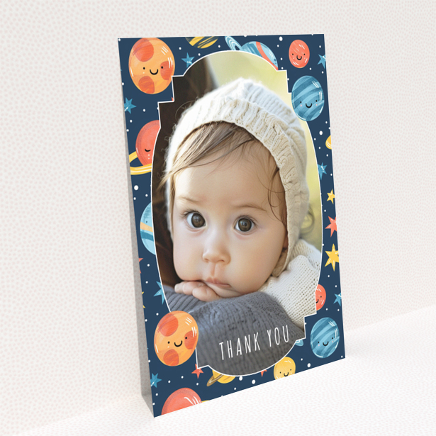 Baby thank you card design reverse side featuring portrait layout with no photos