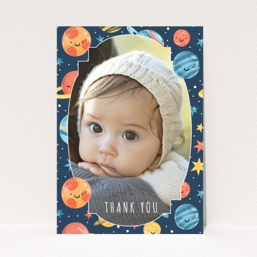 Baby thank you card with space-themed background and one photo of a baby