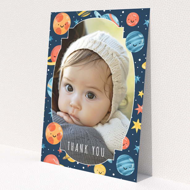 Baby thank you card with space-themed background and one photo of a baby