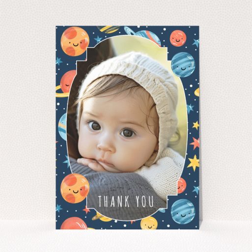 Baby thank you card with space-themed background and one photo of a baby