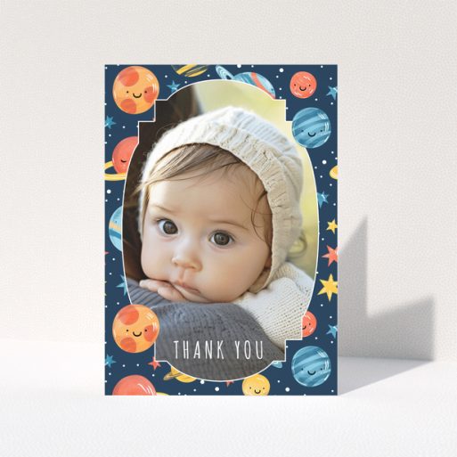 Baby thank you card with space-themed background and one photo of a baby