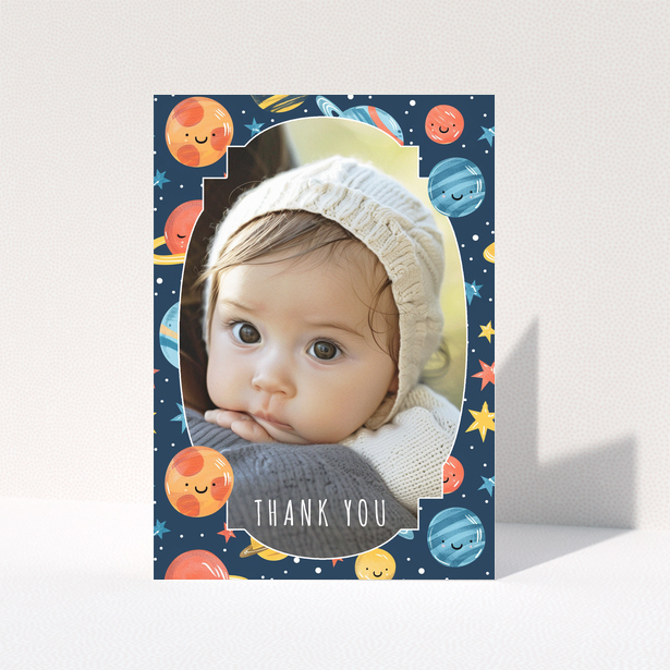 Baby thank you card with space-themed background and one photo of a baby