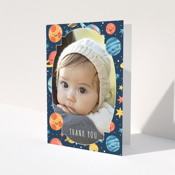 Baby thank you card with space-themed background and one photo of a baby