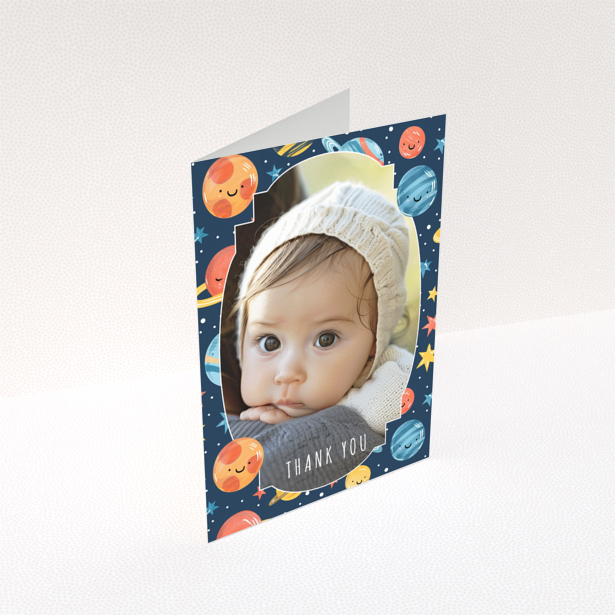 Baby thank you card with space-themed background and one photo of a baby