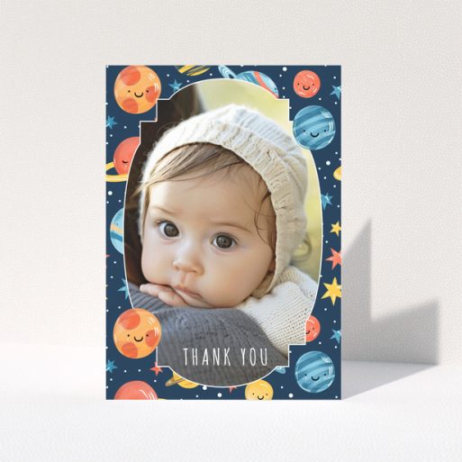 Baby thank you card with space-themed background and one photo of a baby