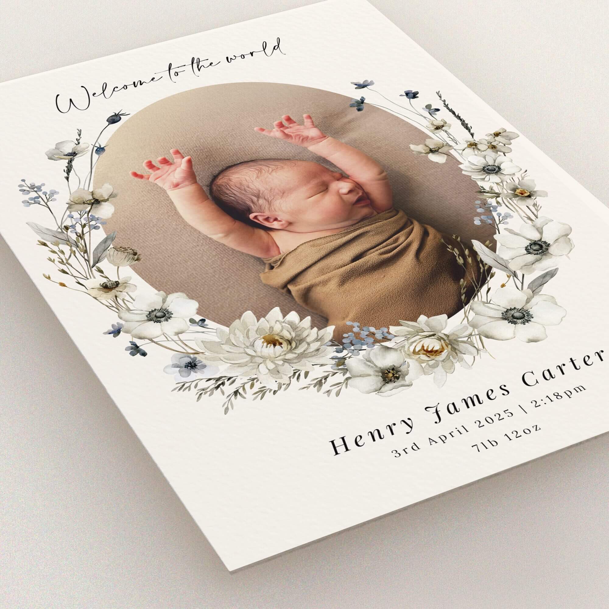 Floral birth announcement card design featuring one photo of a newborn.