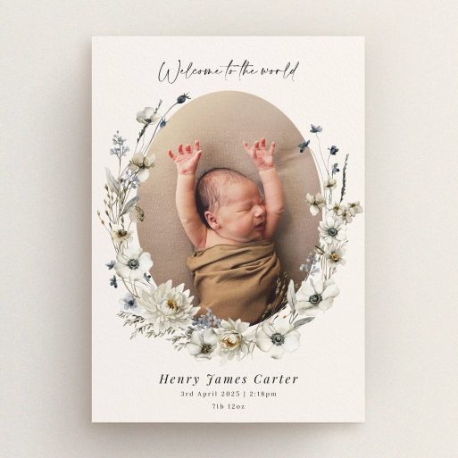 Floral birth announcement card design featuring one photo of a newborn.